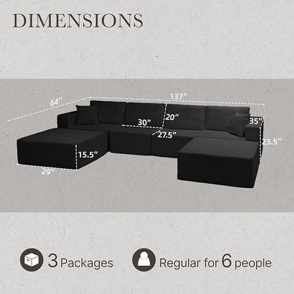 137” Modular Sectional Sofa Couch, 4-Seater U-Shape Sofa with Ottoman, Memory Foam Compressed Sofa, Free Combination Couch for Living Room,No Assembly Needed (Black, 4 Seats+ 2 Ottoman)