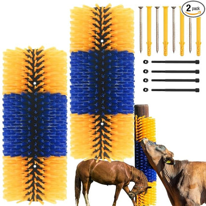 Livestock Scratching Brush 2 Pack, Itch Relief Goat Scratching Post | Horse Cow Goat Brushes for Scratching, Self-Grooming, Upgraded No-Strip Screws for Easy Install Barn Farm, Protects Fence
