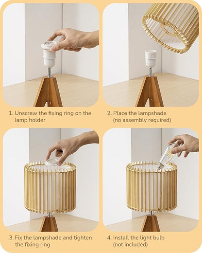 EDISHINE 14.17" Small Table Lamp, Wood Tripod Bedside Lamp, Natural Wood-Colored Hollow & White PVC Shade, E26 Base, Boho Nightstand Lamp for Bedroom, Living Room, Office, Study