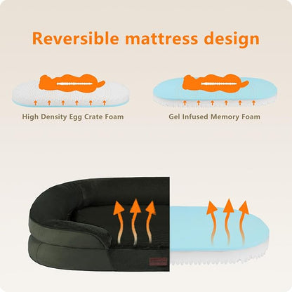 Dwanton Orthopedic Dog Bed for Large Dogs with Gel Memory Foam, Waterproof Dog Sofa, Washable Pet Bed with Four Sided Bolster Cushion, Removable Cover & Non-Slip Bottom, 42", Green