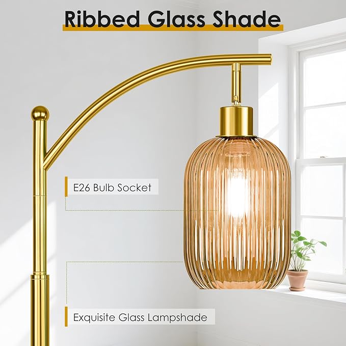 Glass Floor Lamp for Living Room, Modern Gold Standing Lamp with Ribbed Glass Lampshade Pedal Switch, 67” Tall Lamp for Bedroom Study Room