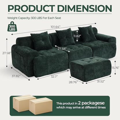YAAREE 101.65” Modular Sectional Couch for Living Room, Modren L-Shape Cloud Sectional 3-Seater Sofa with Movable Ottoman, Woven Texture Upholstery Boneless Couch, No Assembly, Green