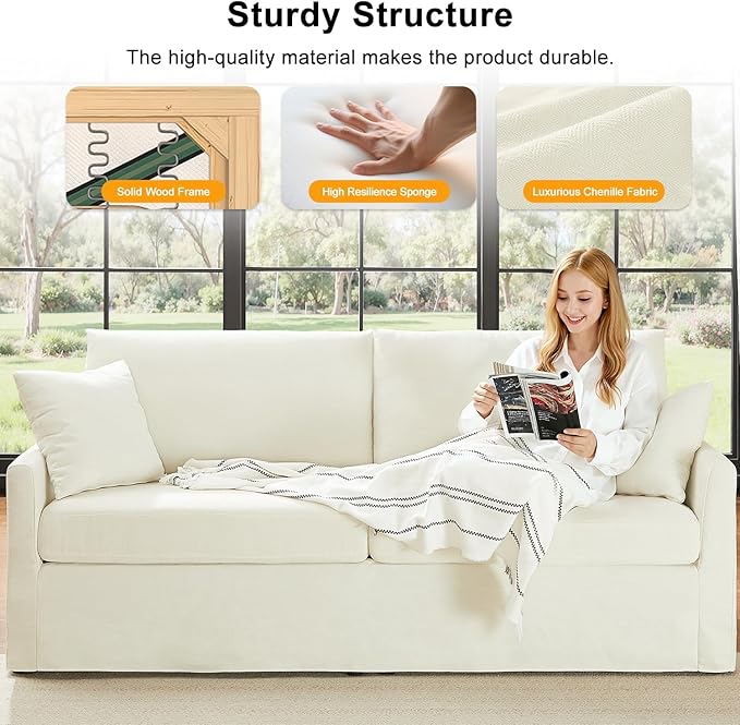 85" Chenille Sofa Couches for Living Room, 3 Seater Sofa with 2 Pillows, Modern Couches Tool-Free Setup, Comfy Oversized Loveseat with Medium Firm Cushions for Small Spaces, Apartment