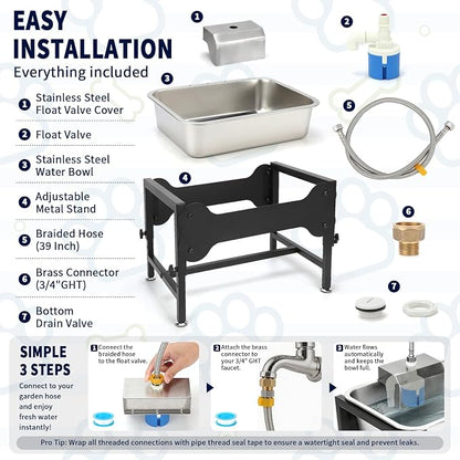 BWOGUE 3 Gal Automatic Dog Water Dispenser, Elevated Outdoor Bowl for Dogs | Automatic Water Dispenser for Dogs, Stainless Steel Pet Waterer, 9/11/13/15 in Stand, Float Valve, Big Dogs Pets Livestock