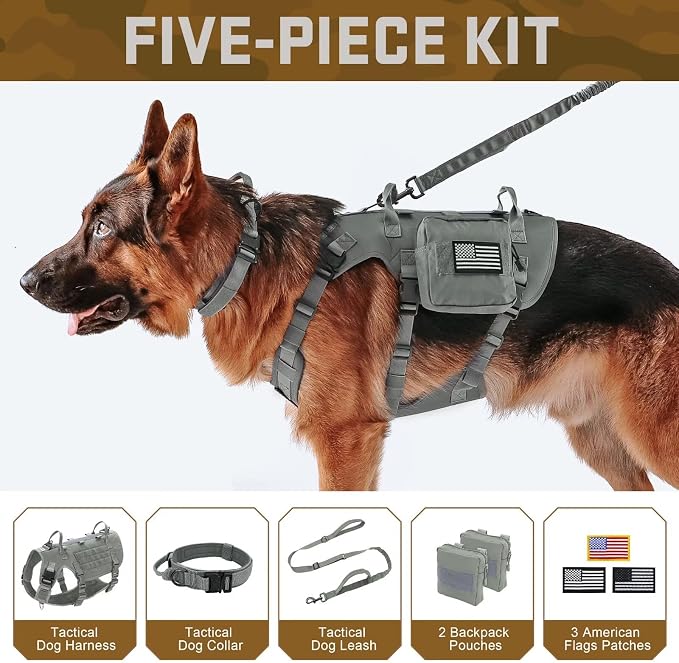 Forestpaw Tactical Dog Harness for Large Dogs,Tactical Dog Collar with Bungee Leash Set,No Pull Military Dog Harness for Walking Training,Adjustable for Medium Large Dogs,Gray,Chest 27-40"