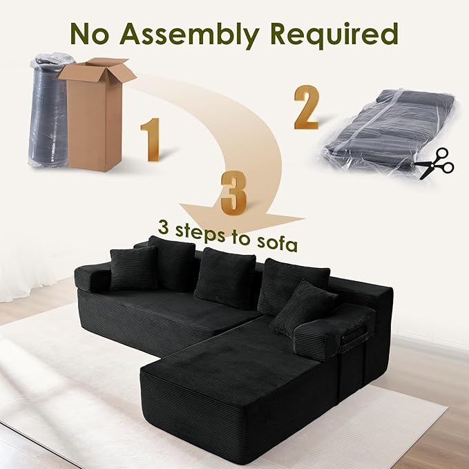 105" L-Shaped Modular Sectional Sofa with L-Shaped Boneless Couch, Cloud Couches for Living Room with Removable Arms, Convert Left/Right Facing, Plush Corduroy, No Assembly, Black