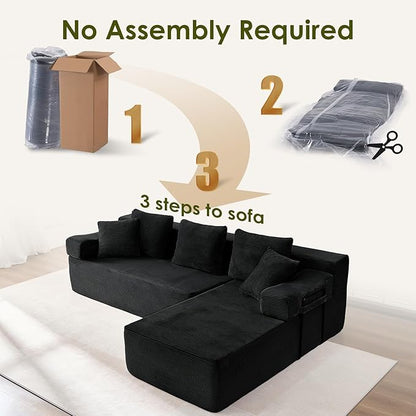 105" L-Shaped Modular Sectional Sofa with L-Shaped Boneless Couch, Cloud Couches for Living Room with Removable Arms, Convert Left/Right Facing, Plush Corduroy, No Assembly, Black