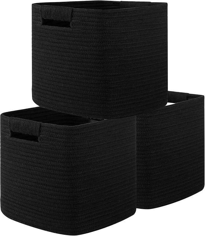 OIAHOMY Storage Cubes 11 Inch Storage Bins-3-Pack, Cotton Rope Woven Baskets for Organizing, Square Storage Baskets for Shelves Organizer, Classroom, Kids Toy Bins, Closet, Baby Nursery-Black