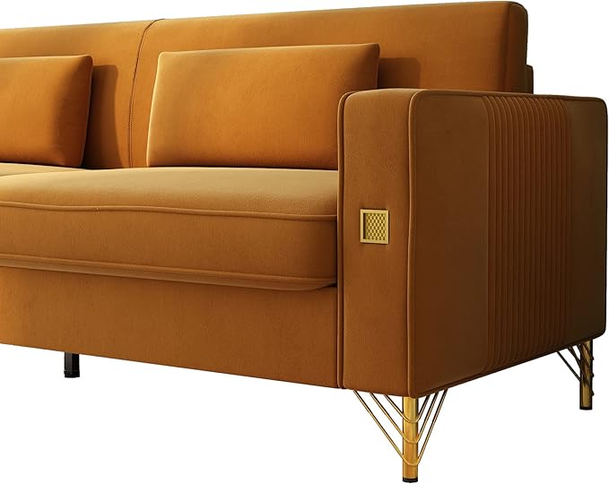 85.63" Velvet Sofa,Modern Loveseat Couch with Pillows Set of 2 for Living Room,Bedroom,Apartment Furniture with Gold Metal Legs (Orange)