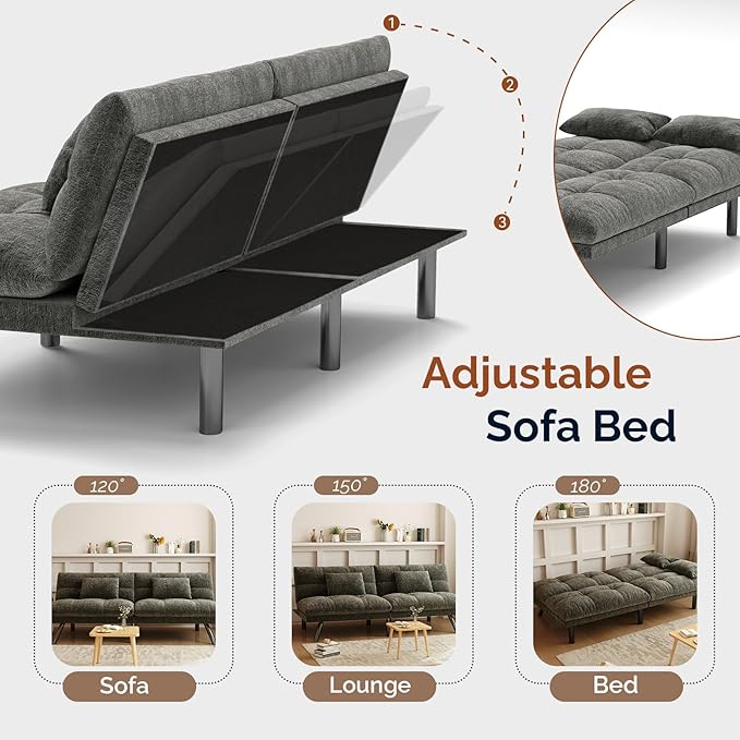 Futon Sofa Bed Convertible 70 inch Solid Wood Couch for Living Room, Chenille Fabric, 2 Cushions (Dark Gray)
