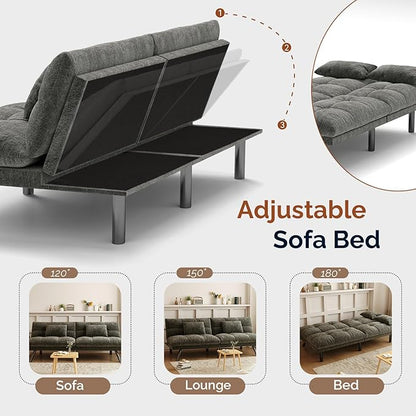 Futon Sofa Bed Convertible 70 inch Solid Wood Couch for Living Room, Chenille Fabric, 2 Cushions (Dark Gray)