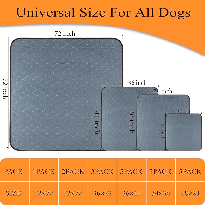 Bunlitent Extra Large Washable Pee Pads for Dogs 72" x 72", 2 Pack, Grey | Leakproof, Super Absorbent, Reusable, Quick Dry, Anti-Slip, Waterproof, Reusable Puppy Pads, Whelping Pads for Pet
