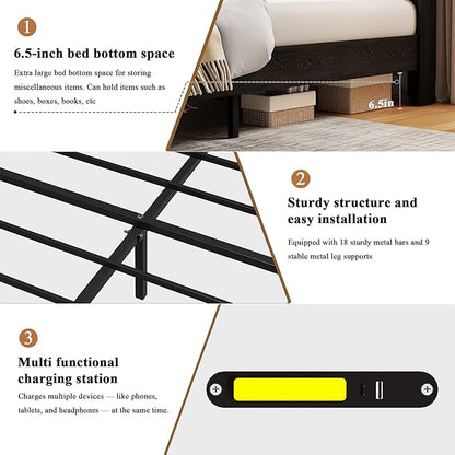 Farmhouse Queen Size Bed Frame with Headboard Storage Shelf, Wood Platform Bed Frame with LED Lights & Charging Station, Rustic Black Metal Bed, No Box Spring Needed, Noise-Free Sturdy Structure