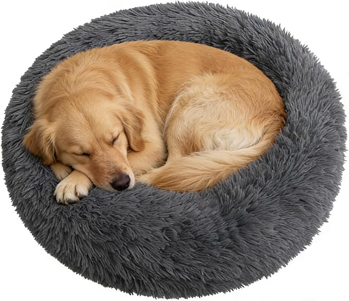 Calming Donut Dog Beds Large Sized Dog - Washable Removable Cover Non-Slip, Round Pet Bed Warming Fluffy Plush Faux Fur Anti-Anxiety Thick Cushion, Fits up to 80 lbs (Dark Grey, 36")