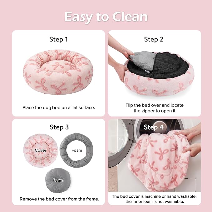 JOEJOY Jacquard Donut Round Small Dog Beds,Pink 23x23x8in, Removable Washable Cover, Cute Pattern, Ultra Soft Fluffy Calming Pet Bed with Thick Supportive Bolster