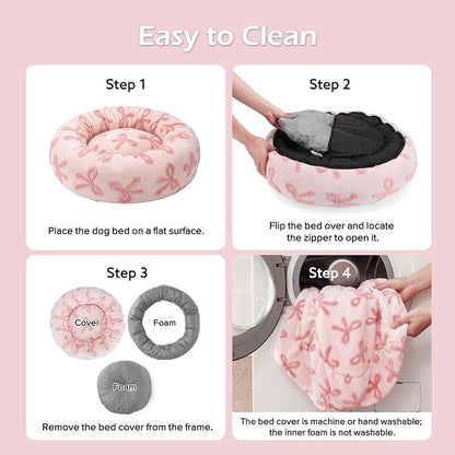 JOEJOY Jacquard Donut Round Small Dog Beds,Pink 23x23x8in, Removable Washable Cover, Cute Pattern, Ultra Soft Fluffy Calming Pet Bed with Thick Supportive Bolster