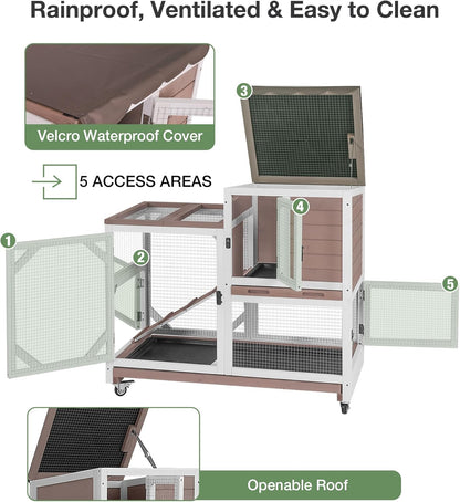 Rabbit Hutch 2-Story Wooden Bunny Cage with 2 Leak-Proof Sliding Trays, Chew-Proof Metal Mesh, Rainproof Cover, Indoor & Outdoor Guinea Pig House with Wheels - Brown