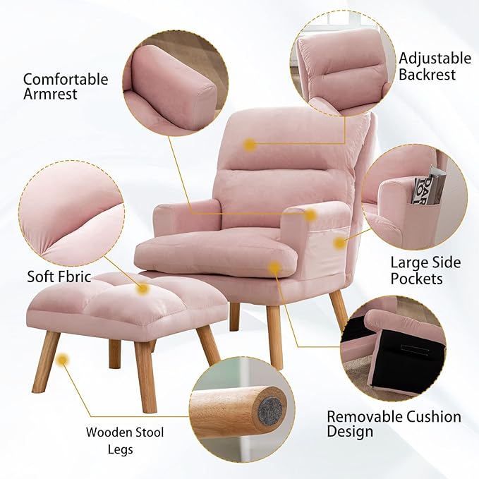 CANMOV Modern Accent Chair with Ottoman, Soft Fabric Armchair with Adjustable Backrest and Side Pockets, Comfy Lounge Chair for Living Room, Bedroom, Apartment, Office, Pink