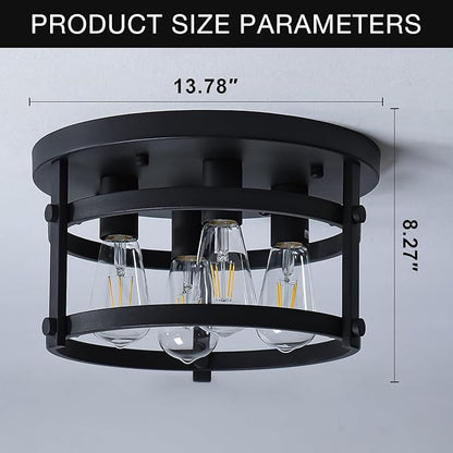 4-Light Retro Farmhouse Flush Mount Round Vintage Metal Ceiling Light Fixtures, Rustic Ceiling Lamp for Kitchen Island Hallway Entryway Bedroom Dining Room, E26 Bulbs, 13.78"