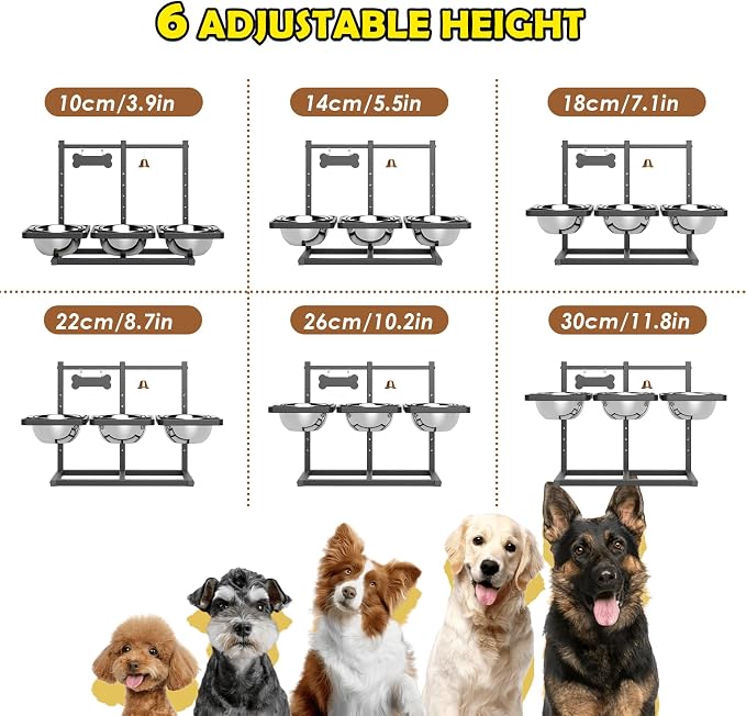 Elevated Dog Bowl Stand for Medium/Large Dogs with Slow Feeder & Mat, Adjustable Height 3.9'',5.5'',7.1'',8.7'',10.2'',11.8'', 58oz Raised Triple Dog Food Water Bowls