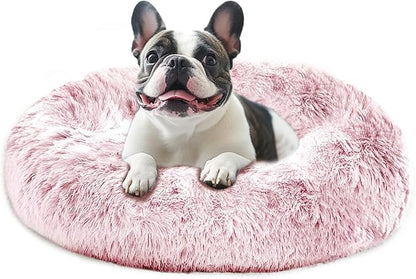 JOLLYVOGUE Calming Dog Beds Large Sized Dog, 36in Donut Washable Large Pet Bed, Anti-Slip & Anti-Anxiety Fluffy Faux Fur Round Dogs Bed, Fits up to 80 lbs Pets (Smoke Pink)