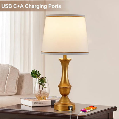 Luvkczc Gold Touch Table Lamps Set of 2, 22" Bedside Lamps with USB C+A Ports,Dimmable Nightstand Lamps with White Lampshade,Table Lamps for Bedroom Living Room Bedroom Office, Bulbs Included