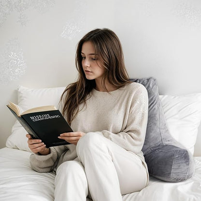 OAISZ Reading Pillow for Sitting in Bed Adult, 19" Reading Pillow with Shredded Memory Foam, Back Pillow for Sitting Up with Extend Arms, Pockets, Bed Pillow with Washable Cover, Grey