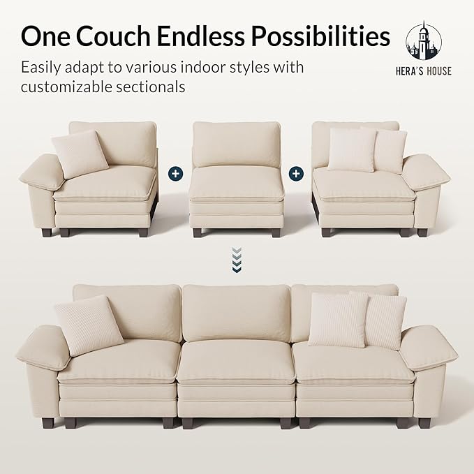 HERA'S HOUSE 54" Modular Sectional Sofa Couches for Living Room, Comfy Cloud Couch 1-Seater Deep Seat Sofa with Throw Pillow, Chenille Beige