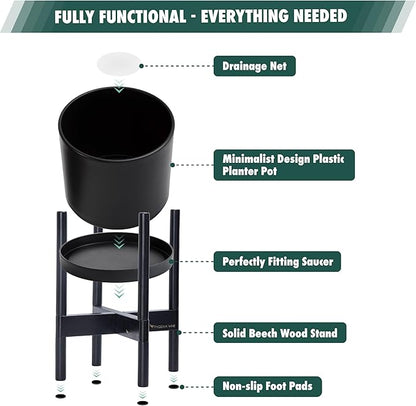 D'vine Dev Plastic Pot with Ebony Wood Stand, Black, 14 in, 55-C-T-2 | Mid-Century Inspired Design, Elevated Plant Display, Clean Lines, Sturdy Support, Modern Space-Saving Style