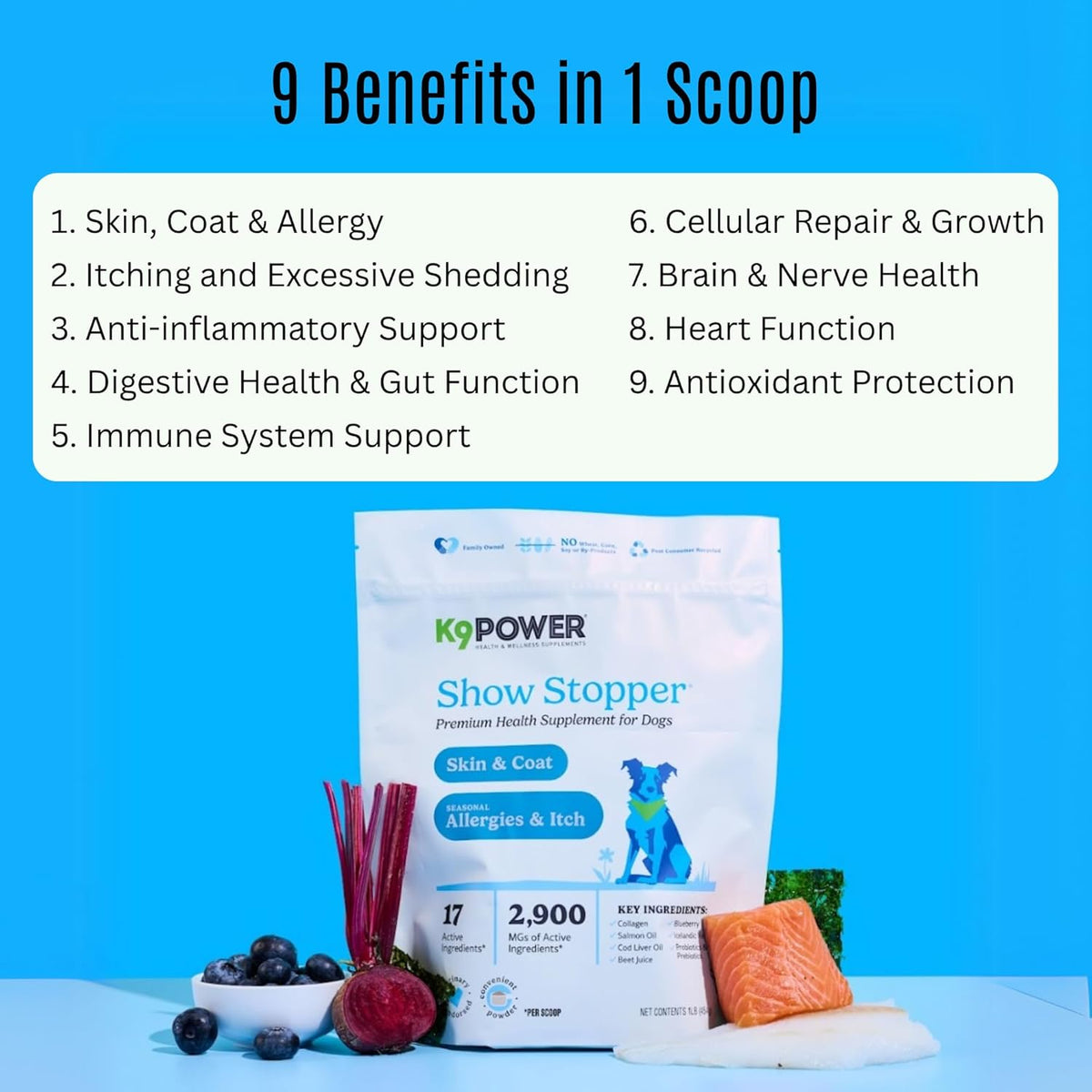 K9 Power Show Stopper for Dogs 1lb – Boosts Coat Shine & Promotes Healthy Skin Tone - Strengthens Immune System - Enhances Digestive Health