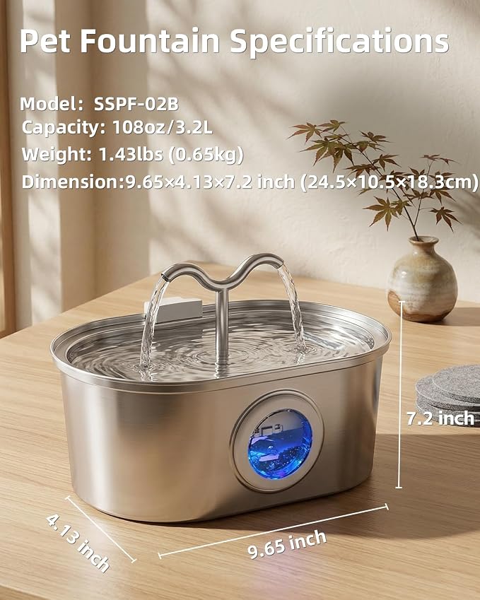 3.2L/108oz Stainless Steel Cat Water Fountain Pet Fountain | Automatic Pet Water Dispenser - Self-Designed Filtration System - Ultra-Quiet Pump - Easy Cleaning & Maintenance (3 Filters)