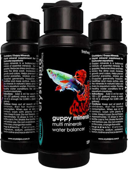 Crystalpro Guppy Minerals 4.22 Oz - Mineral Additive for Guppies - Replenishes Protective Coat and Improves General Health Freshwater Aquarium Salt (125 ml) Treats 660 Gallons
