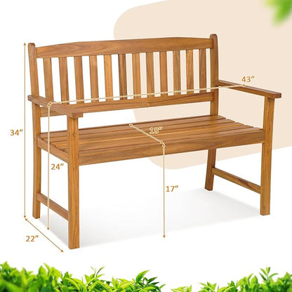 Tangkula Outdoor Acacia Wood Bench, 2-Person Garden Bench with Backrest and Armrests, Garden Bench with Slatted Seat for Porch, Park, Backyard, 800 Lbs Max Load, 43” L x 22” W x 34” H, Natural