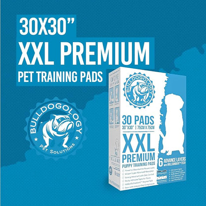 Bulldogology Puppy Pee Pads XXL with Adhesive Sticky Tape - Extra Large Dog Training Wee Pads (30x30) 6 Layers with Extra Quick Dry Bullsorbent Polymer Tech (30-Count, White)