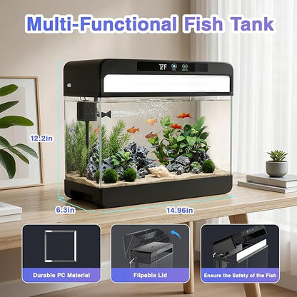 Fish Tank Starter Kit, 3 Gallon Smart Aquarium for Beta, 3-in-1 Silent Water Pump with Filteration & Circulation & Oxygenation, Temperature Display, 7 Colors LED Lights (Black)
