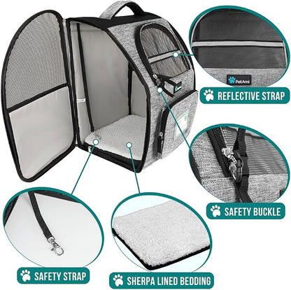 PetAmi Dog Backpack Carrier for Small Medium Dogs Large Cats up to 18 lbs, 2 Side Entry, Structured No-Collapse Frame, Airline Approved Ventilated Pet Backpack for Hiking Camping Travel, Grey