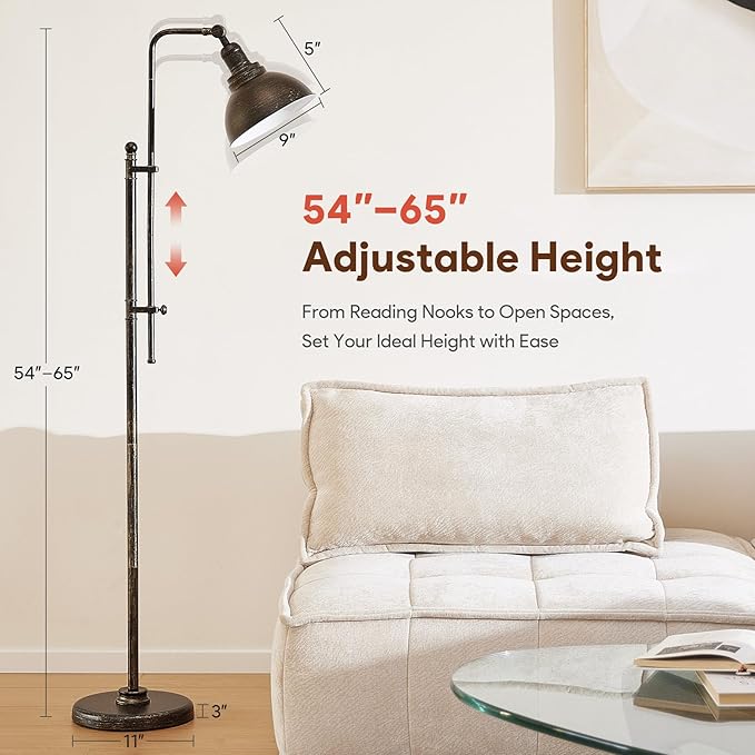 VONLUCE Floor Lamp for Living Room, 65'' Tall Industrial Floor Lamp, Adjustable Height & Head Vintage Metal Standing Reading Lamp for Bedroom, Office, Farmhouse, ETL Certificate