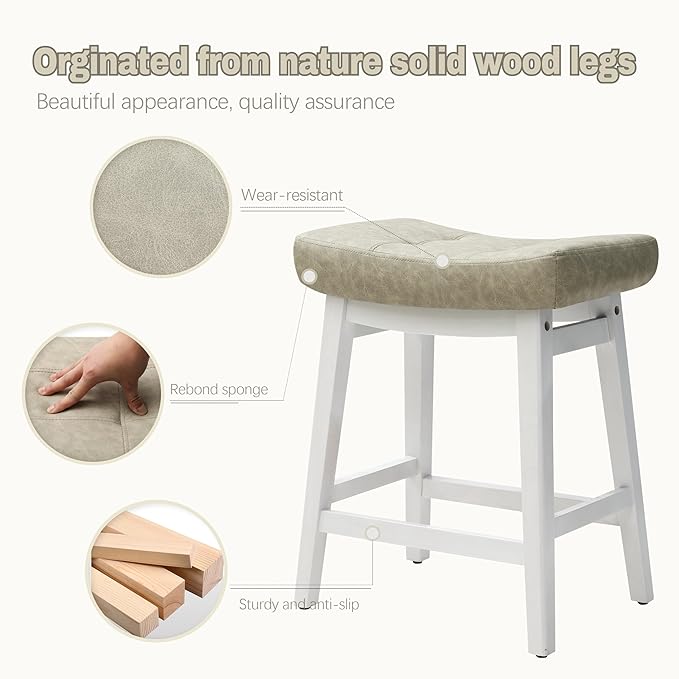 RNKSFX Counter Height Bar Stool Kitchen Counter Modern Backless Barstool with Upholstered Faux Leather Seat and Solid Wood Leg Farmhouse 24 inch Bar Chair, Light Grey + White, 1pc