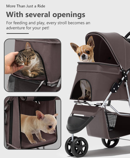 Pet Stroller with 3 Wheels for Small/Medium Pets, Portable Travel Foldable Carrier Jogger for Dog Cat Puppy Kitty, Rear Wheel Breaks, Storage Basket, Visible Mesh with Weather Cover (Coffee)