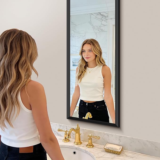 Black Bathroom Mirror 14 x 48 Inch Rectangle Wave Beveled