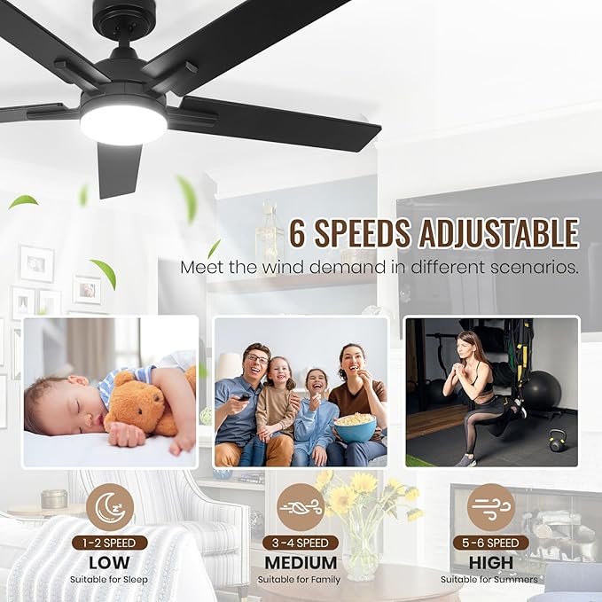 SODSEA Ceiling Fans with Lights, 52 Inch Black Ceiling Fan with Light and