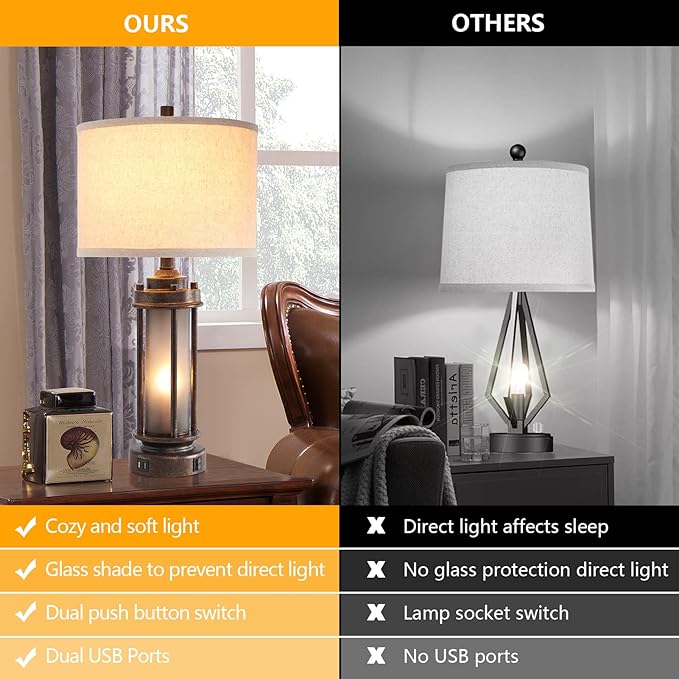 Set of 2 Farmhouse Lamps for Living Room, Rustic Vintage Bedroom Nightstand Table Lamp with 2 USB Charging Ports, Built-In Frosted Glass Night Light for End Table Entryway, 4 Bulbs Included (Bronze)