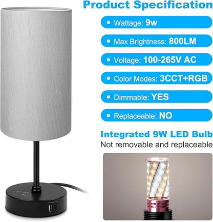 Unicozin Small Table Lamp, 7 RGB & 3 CCT 3000K/4500K/6500K, Stepless Dimmable Bedside Lamp with Grey Shade, Touch Control Ambience Nightstand Light for Living Room Dorm Home Decor Party