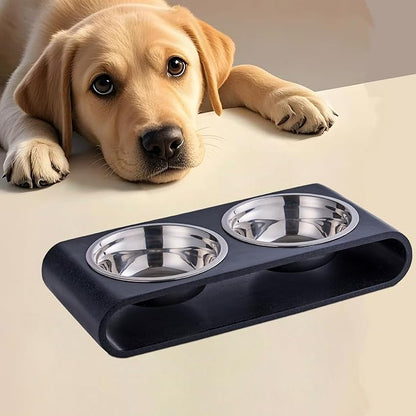 Black Marble Elevated Dog Bowls Set - 2 Thick 6" Stainless Steel Puppy Food Bowl with Non-Slip Raised Holder Stand, Double Feeding Bowls for Food and Water, Suitable for Cats and Small Medium Pet