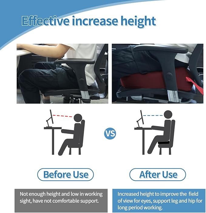 YOUFI Leather Seat Cushion Extra-Thick Booster for Office Chair to Rise Height - Full Filling for Support - with Breathable Cover, Handle and Buckle - Relieves Back Pain – 18"x16"x6" (Red)
