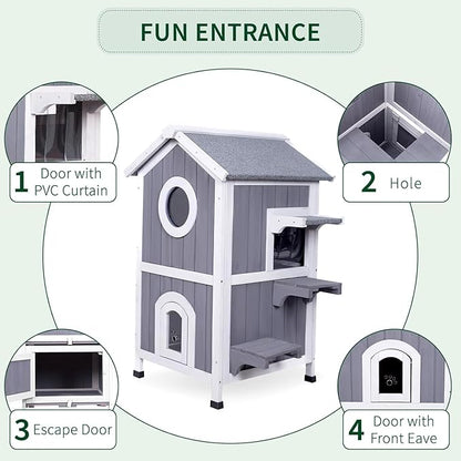 GEGURI Outdoor Cat House Winter-Proof, Two-Story Insulated Cat Shelter for Feral Cats with Thermal Layer, Removable Roof, Balcony & Escape Door, Weatherproof & Warm Shelter for Cats