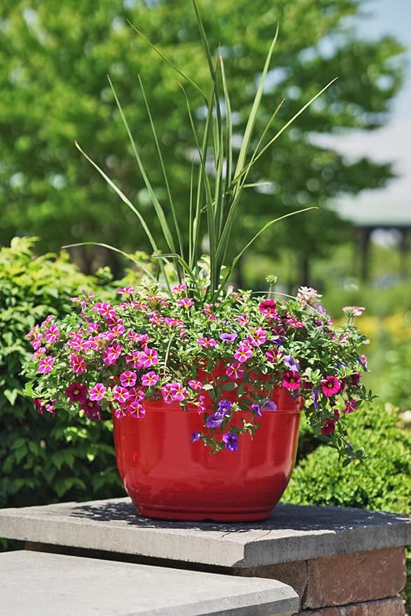 Garden Elements Indoor/Outdoor Glazed Brushed Happy Plastic Planter, Large, Bright Red, 15" (Pack of 2)