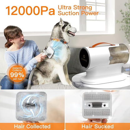 Dog Vacuum for Shedding Grooming, 12000pa Suction Dog Hair Vacuum, Pet Grooming Kit with 2l Dust Cup, Low Noise, 3 Levels, 5 Grooming Tools