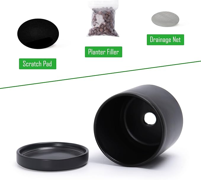 D'vine Dev 3.5 Inch Ceramic Planter Pot with Drainage Hole and Saucer, Indoor Cylinder Round Planter Pot, Black, 94-O-A-2