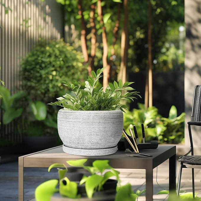 SQOWL Ceramic Flower Pots - 10 Inch Plant Pot Indoor with Drainage Hole and Saucer, Modern Ceramic Planter Outdoor, Decorative Large Round Planter, Bedroom Decor, Plant Lovers Gifts, Gray